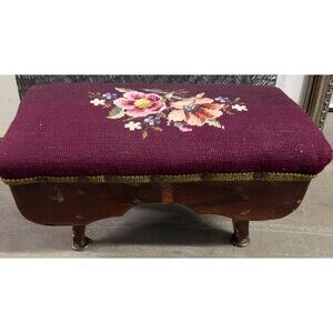 Vintage Needlepoint Footstool Floral Upholstered Vanity Bench Wood Brass Trim